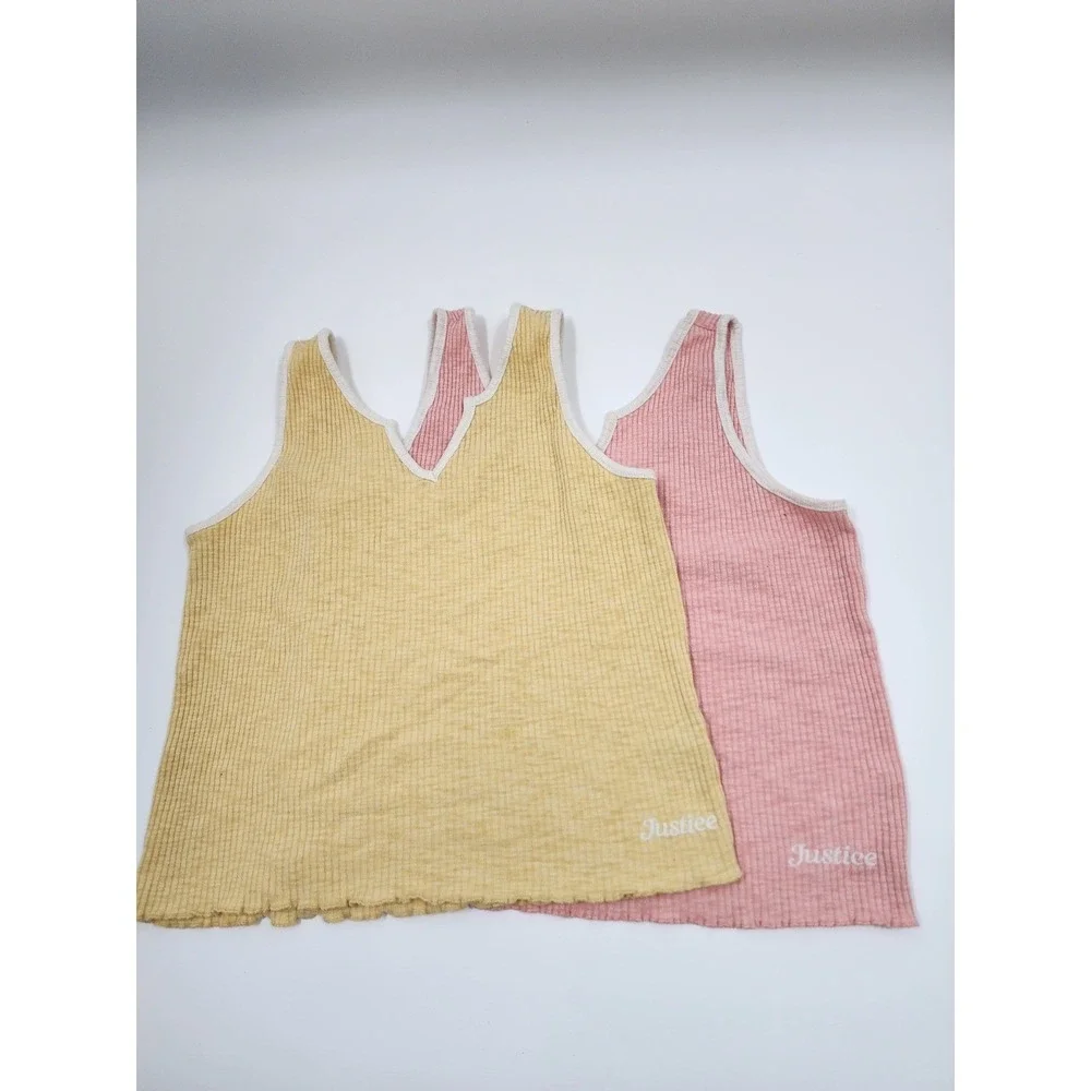Justice Girls 2Pack Ribbed TankTops Pink Yellow Notched Neck Lettuce Hem L 12/14